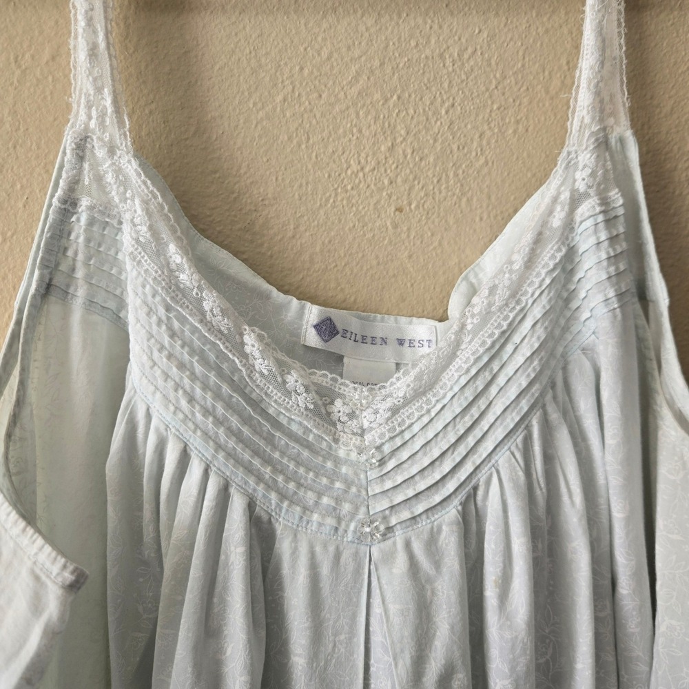 Eileen West Cotton Nightgown XL Light Blue Floral Lace Trim Pintuck Sleeveless - Picture 3 of 9